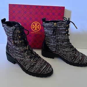 Tory Burch Combat Lug Sole Tweed Lace-Up Boots